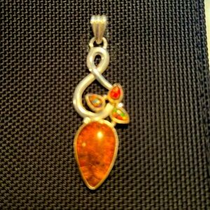 Sterling Silver Amber and Fire Opal pendant